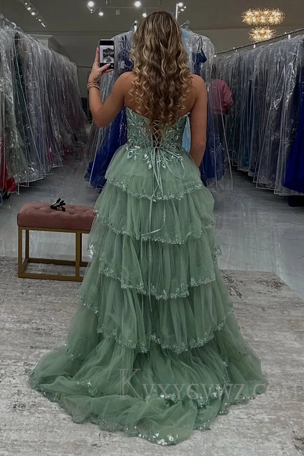 Sparkly Red Ruffled Corset A Line Long Prom Dress with Lace LF209