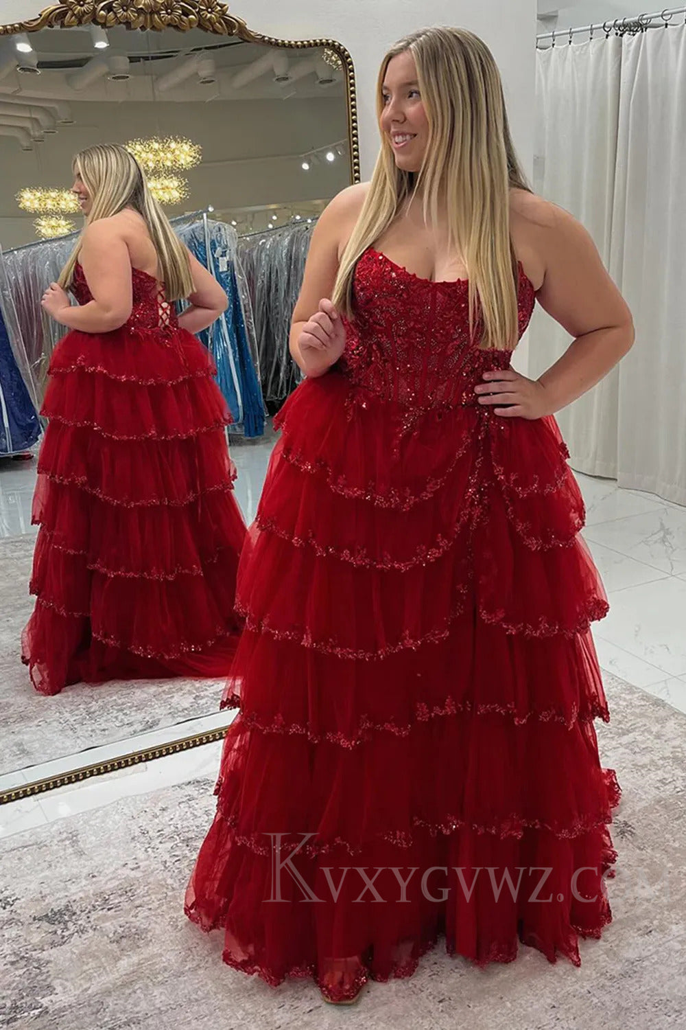 Sparkly Red Ruffled Corset A Line Long Prom Dress with Lace LF209