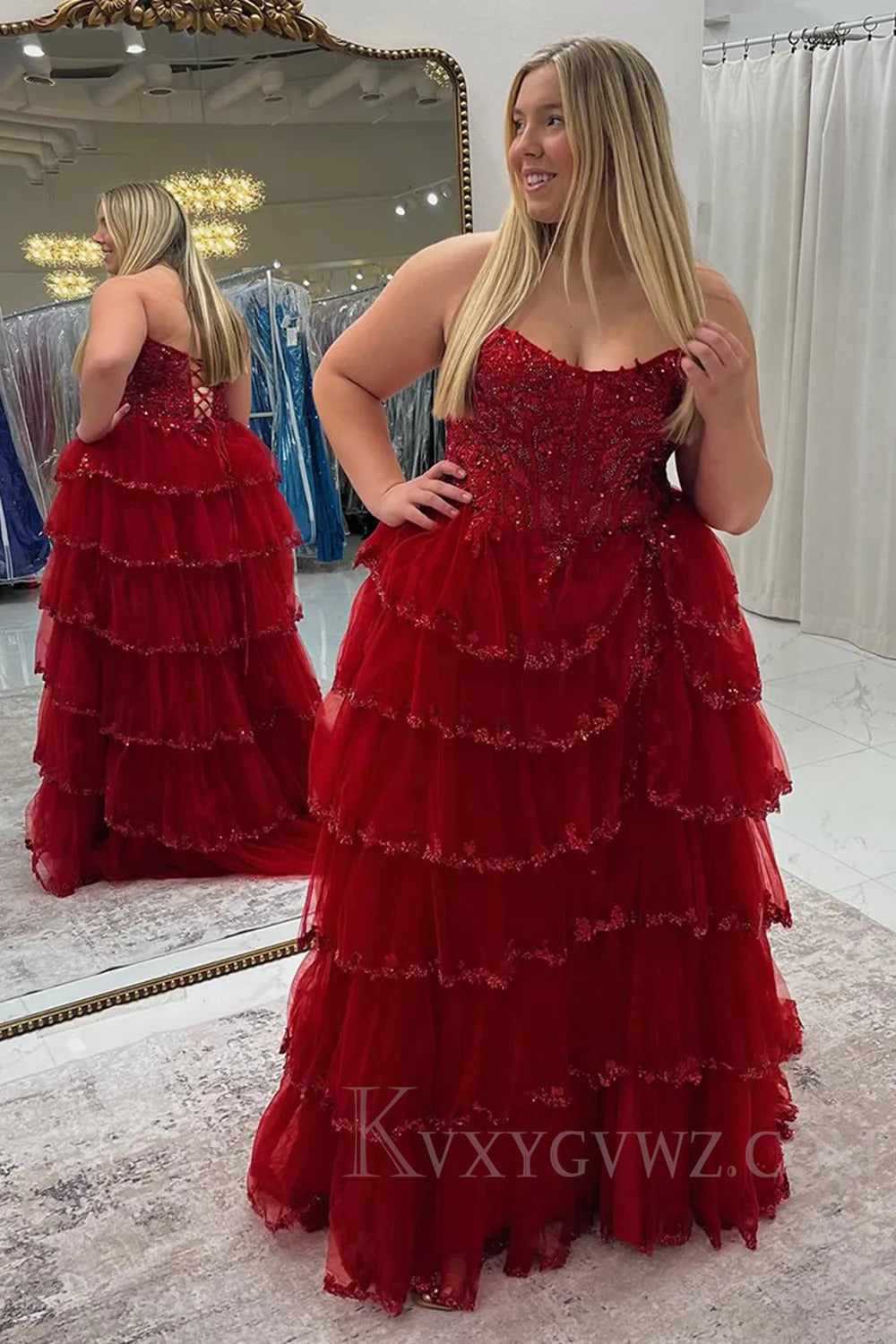 Sparkly Red Ruffled Corset A Line Long Prom Dress with Lace LF209