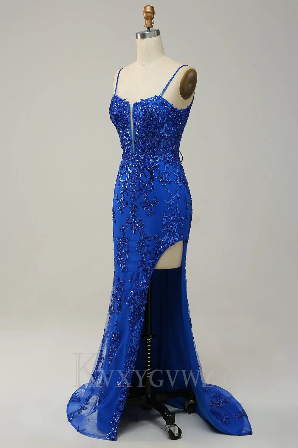 Sparkly Blue Sheath Sequins Lace Up Long Prom Dress with Slit LF021