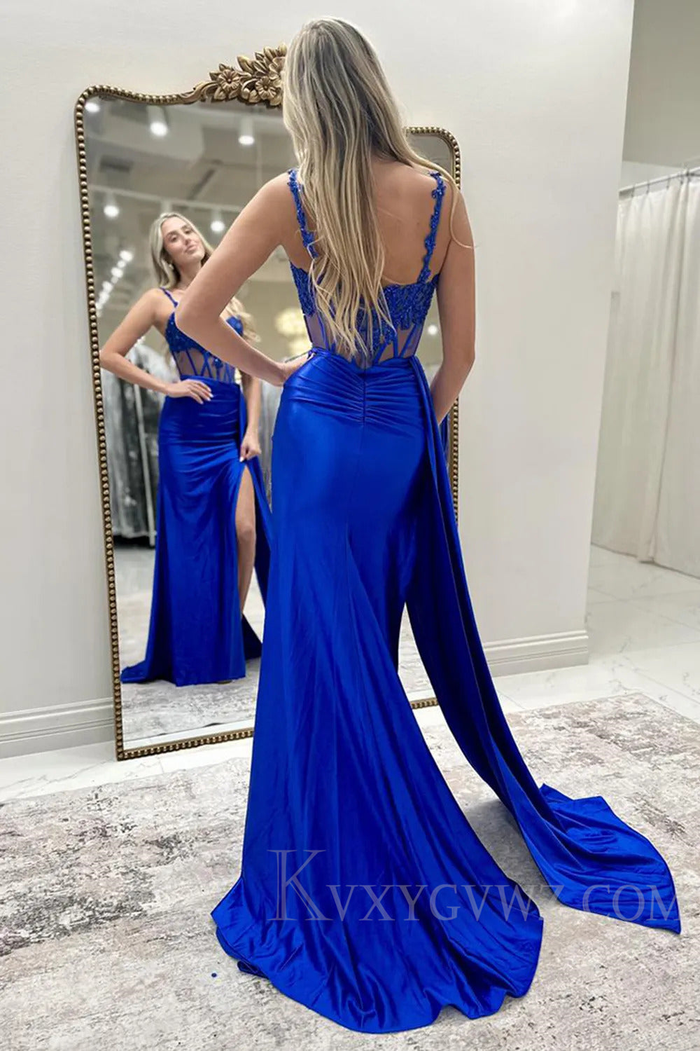 Black Appliqued Corset Side Cape Long Prom Dress with Slit LF210