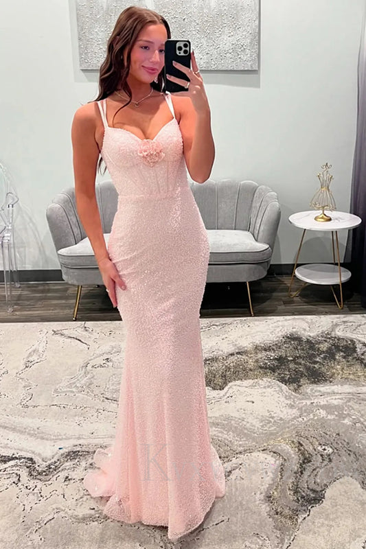 Sparkly Light Pink Corset Long Prom Dress with 3d Flowers LF215