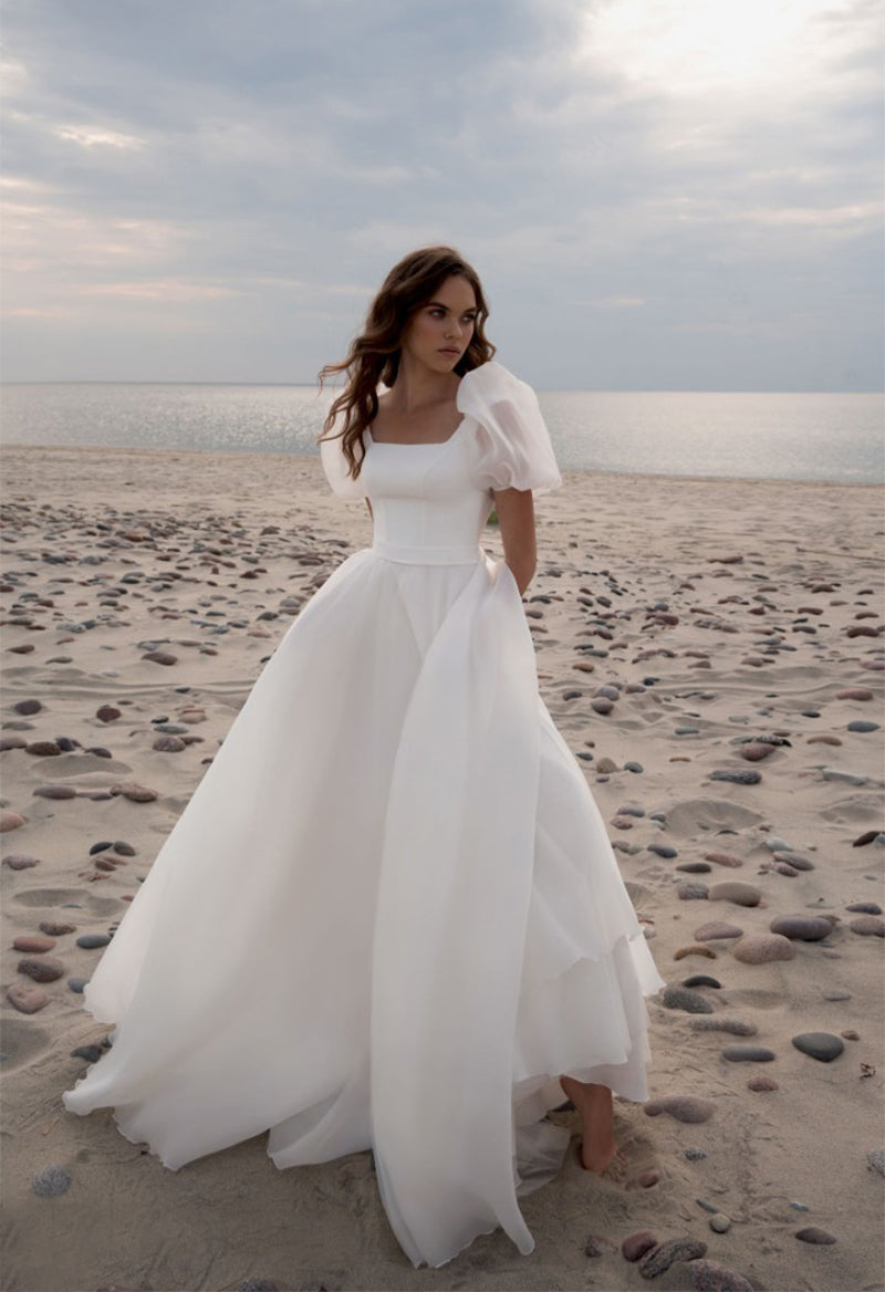 Glamorous A-Line Square Neck Puff Sleeves Wedding Dresses Gown with Train HS765