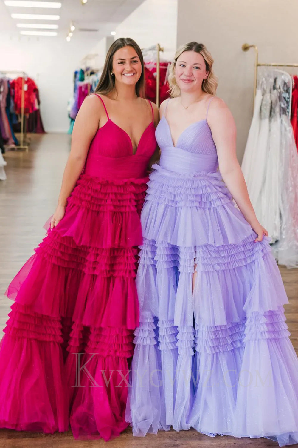 Fuchsia Tulle Ruffles Spaghetti Straps Long Prom Dress LF022