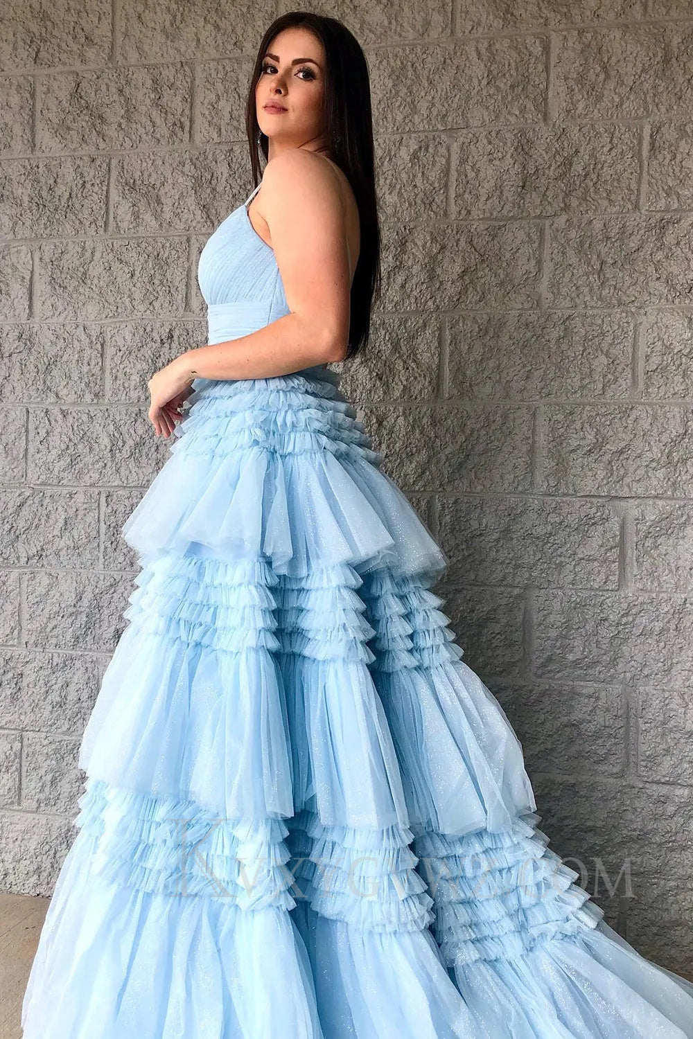 Fuchsia Tulle Ruffles Spaghetti Straps Long Prom Dress LF022