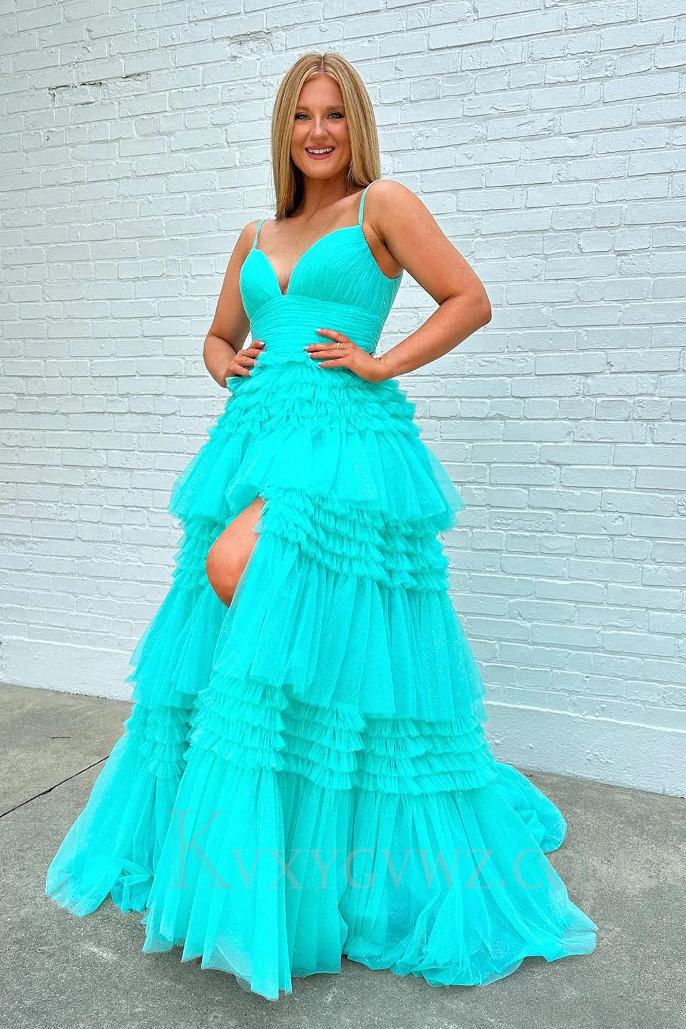 Fuchsia Tulle Ruffles Spaghetti Straps Long Prom Dress LF022