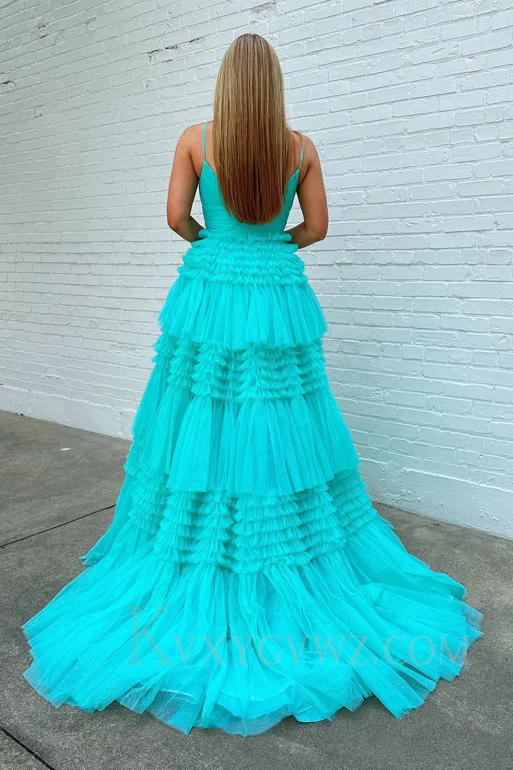 Fuchsia Tulle Ruffles Spaghetti Straps Long Prom Dress LF022