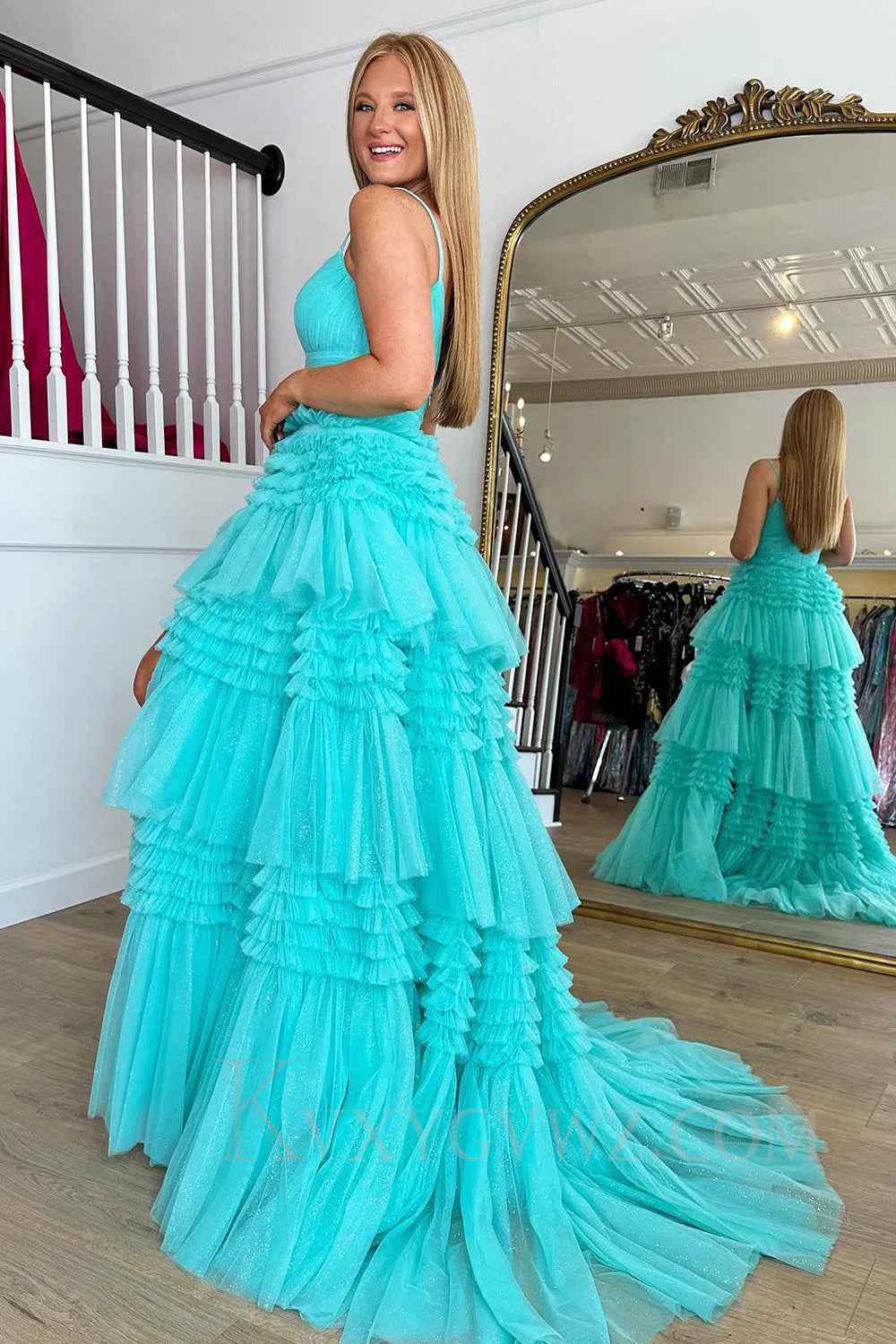 Fuchsia Tulle Ruffles Spaghetti Straps Long Prom Dress LF022