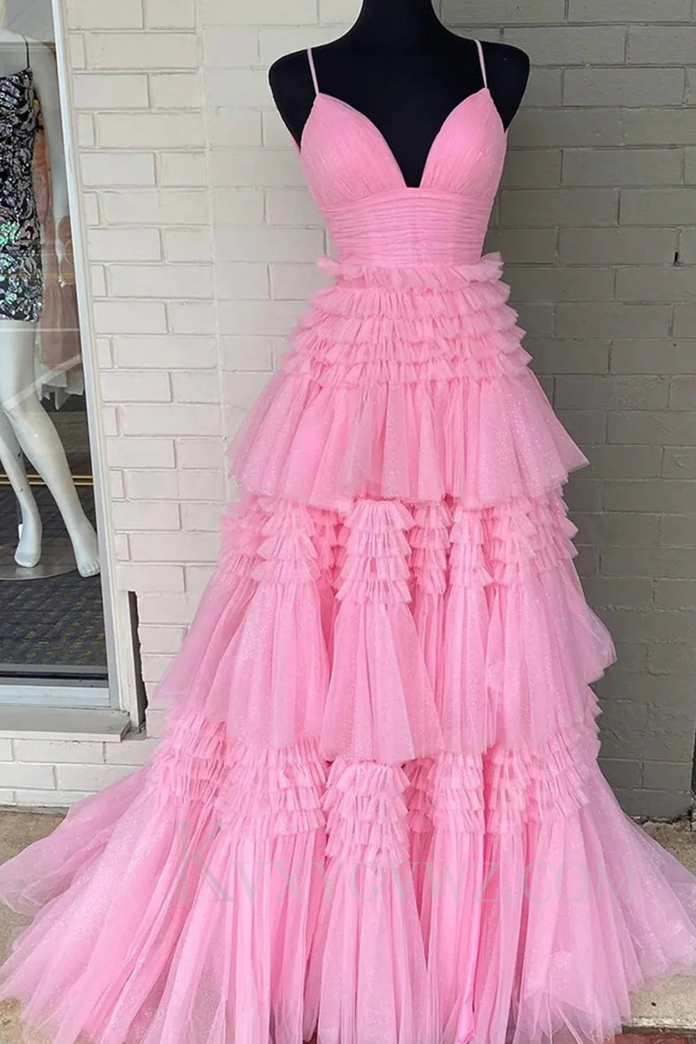 Fuchsia Tulle Ruffles Spaghetti Straps Long Prom Dress LF022