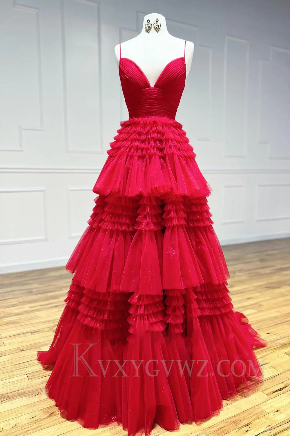 Fuchsia Tulle Ruffles Spaghetti Straps Long Prom Dress LF022