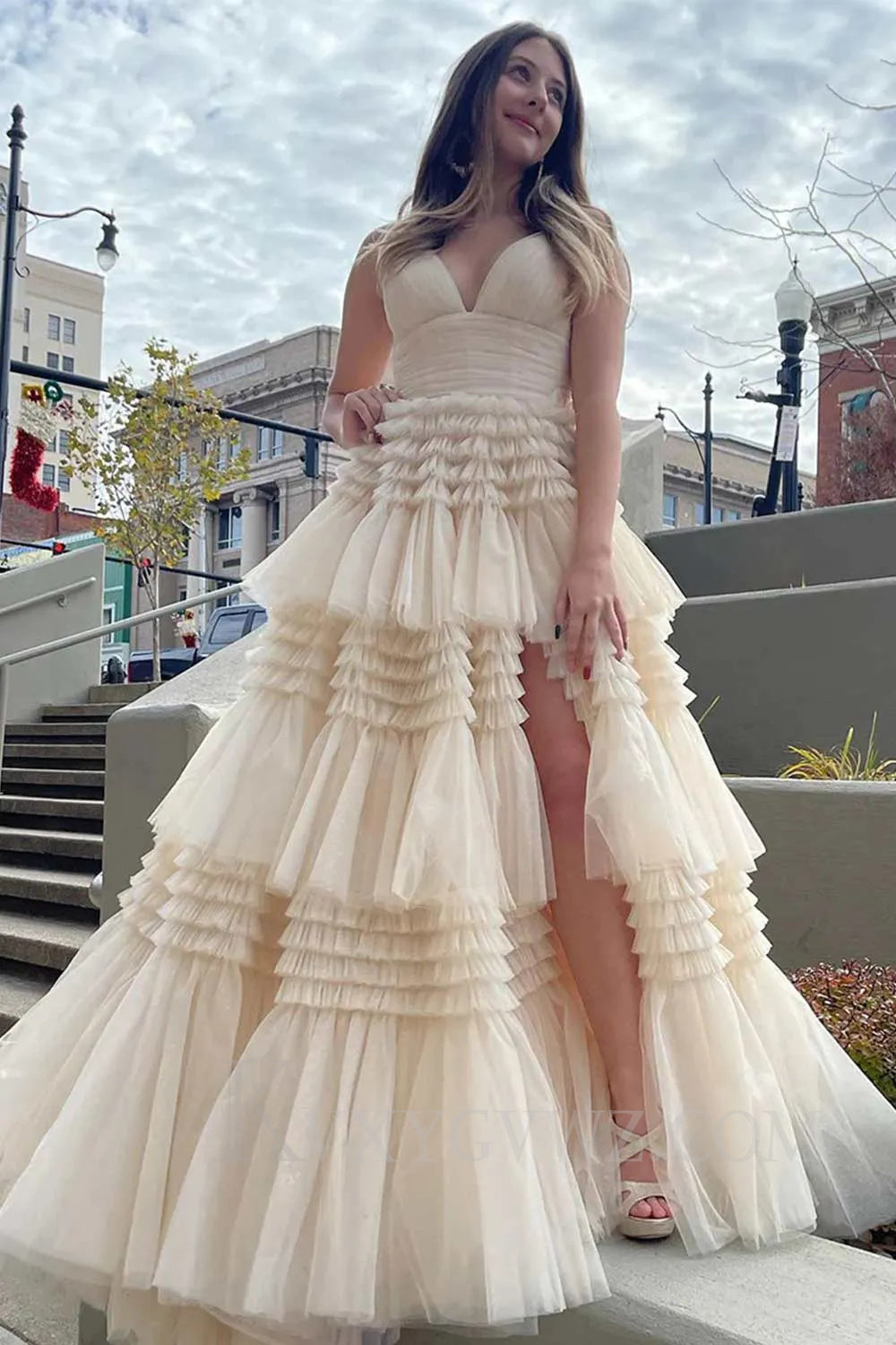 Fuchsia Tulle Ruffles Spaghetti Straps Long Prom Dress LF022