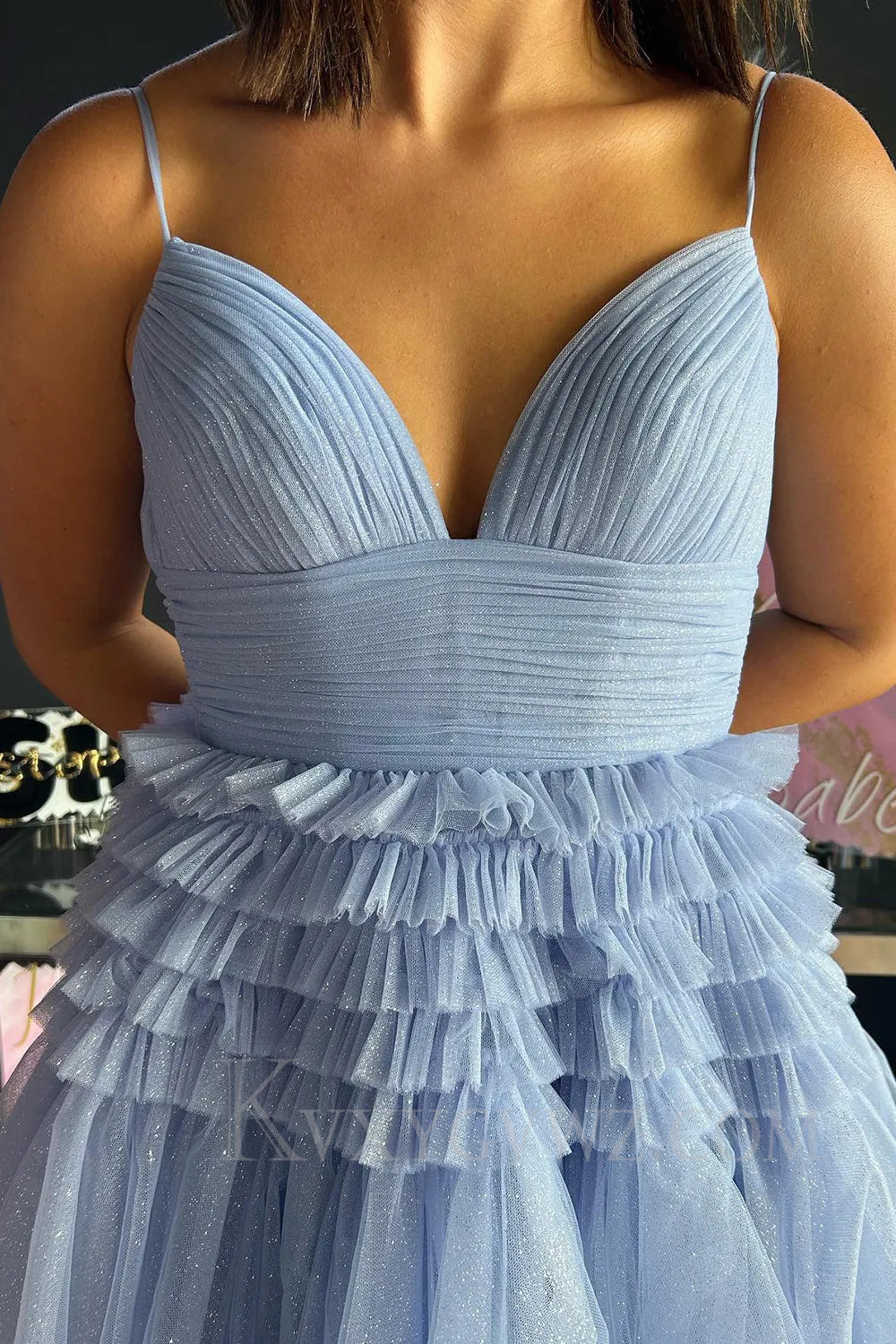 Fuchsia Tulle Ruffles Spaghetti Straps Long Prom Dress LF022