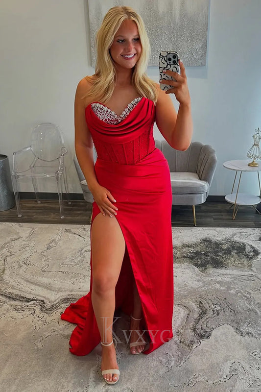 Corset Sparkly Red Sweetheart Prom Dress with Beadings LF220
