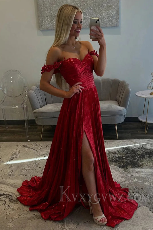 Sparkly Red Pleated A Line Prom Dress with Slit LF221