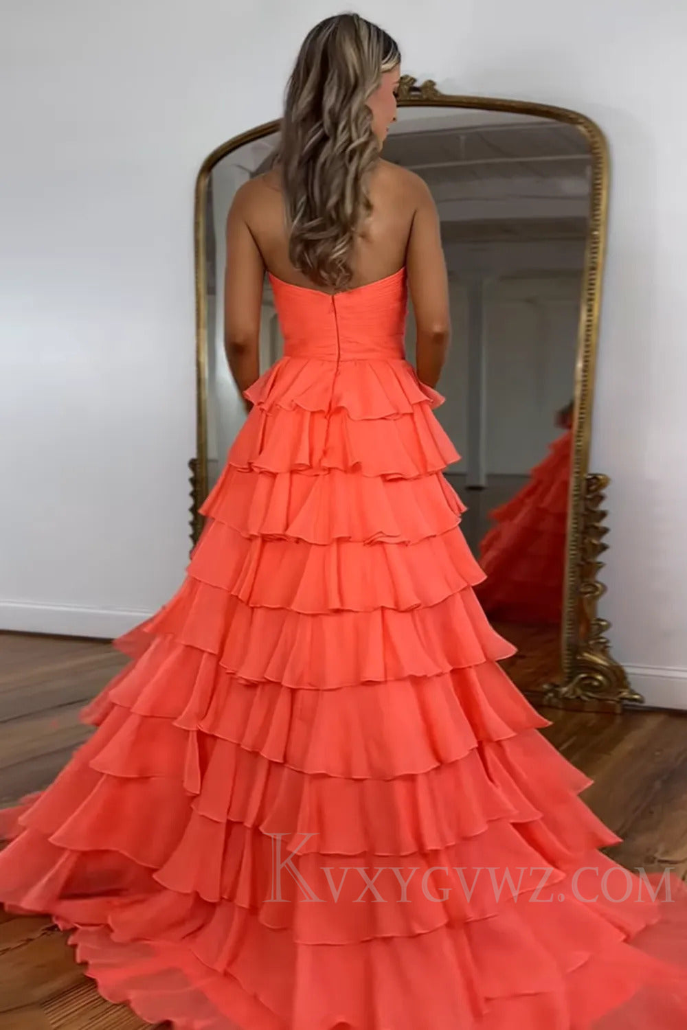 Orange A Line Sweetheart Long Prom Dress with Ruffles LF226