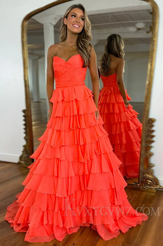 Orange A Line Sweetheart Long Prom Dress with Ruffles LF226