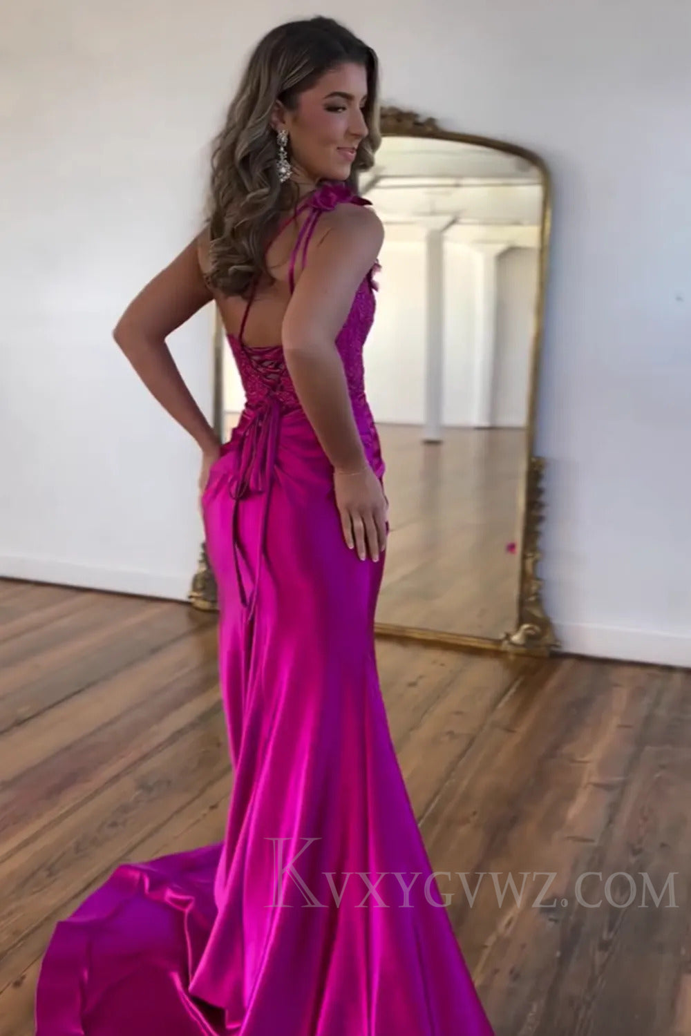 One Shoulder Mermaid Black Satin Long Prom Dress with Slit LF228