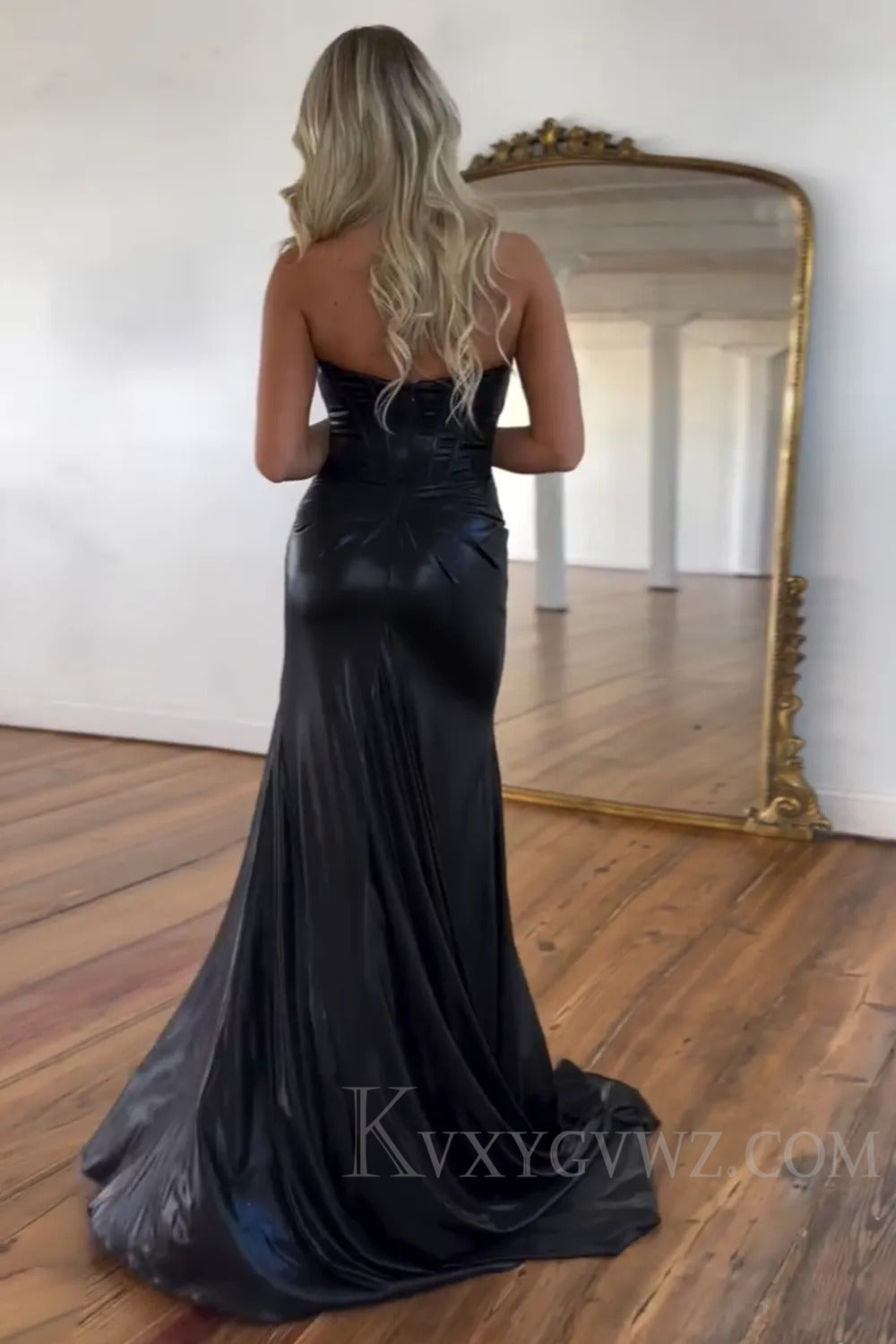 Mermaid Metallic Turquoise Strapless Long Prom Dress With Slit LF231