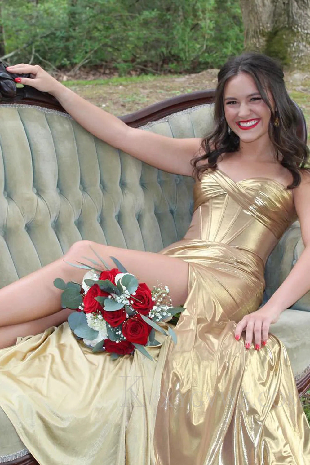 Mermaid Metallic Turquoise Strapless Long Prom Dress With Slit LF231