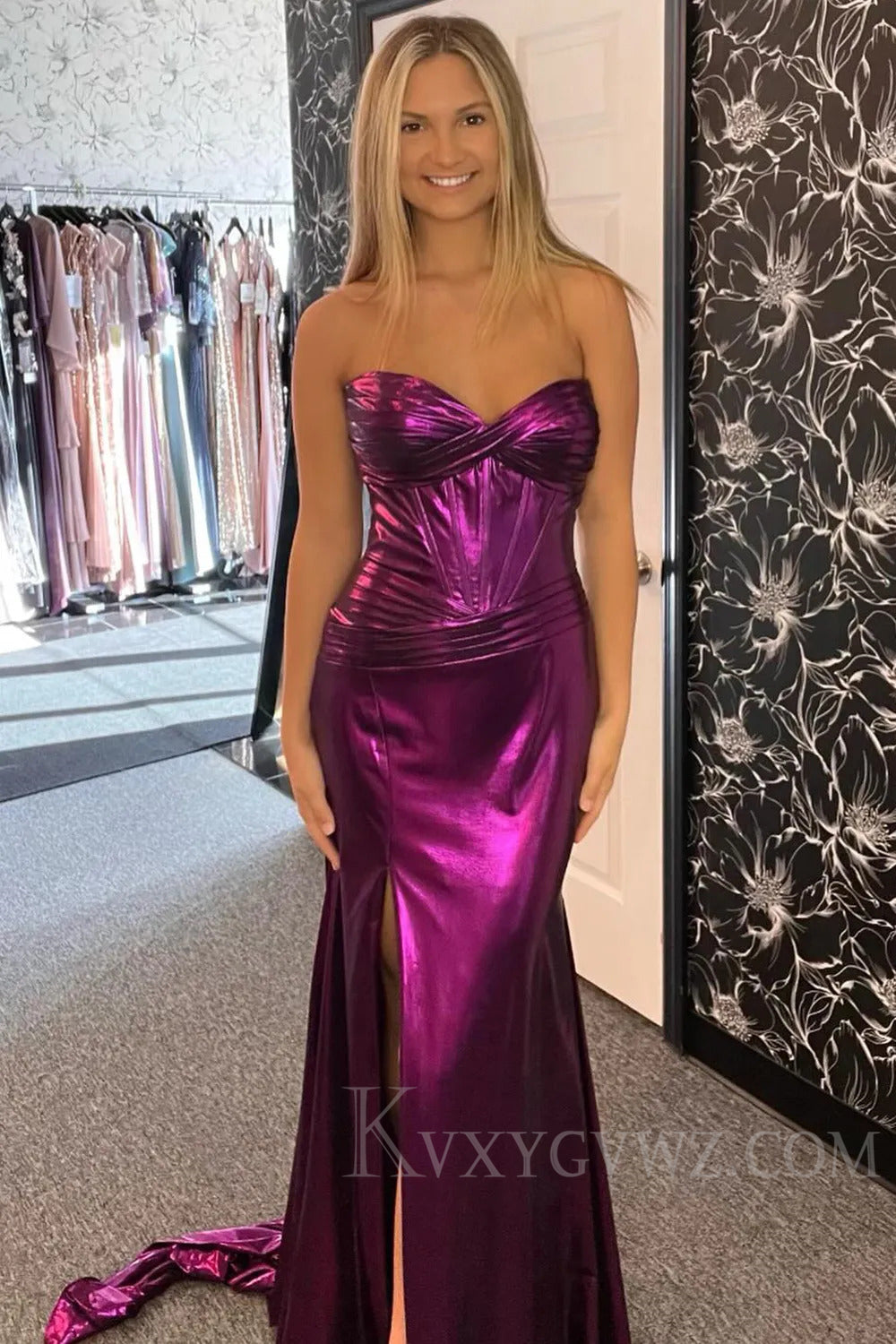 Mermaid Metallic Turquoise Strapless Long Prom Dress With Slit LF231