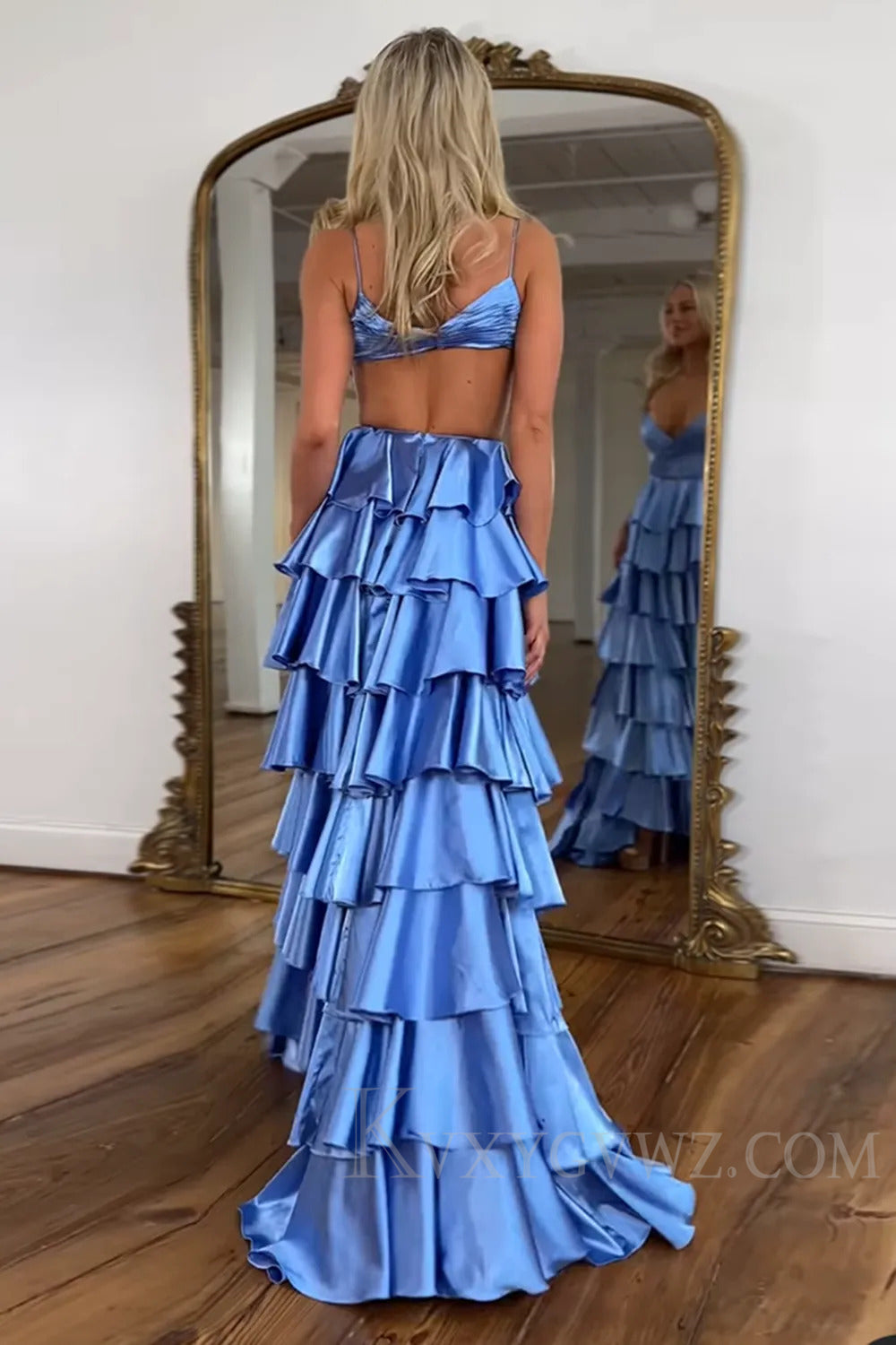 Satin Blue Ruffled Ruched A Line Long Prom Dress with Slit LF232