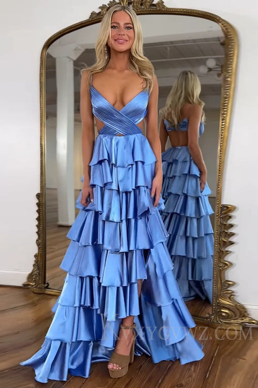 Satin Blue Ruffled Ruched A Line Long Prom Dress with Slit LF232