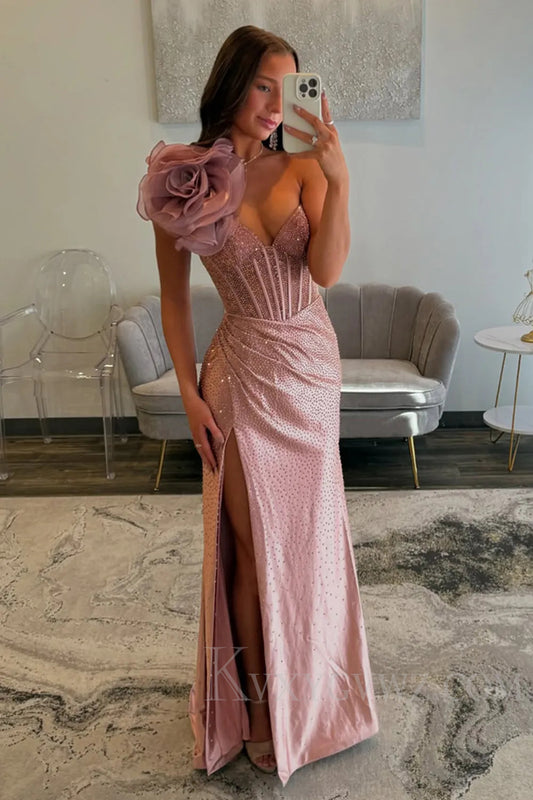 One Shoulder Sparkly Floral Blush Corset Prom Dress with Slit LF233