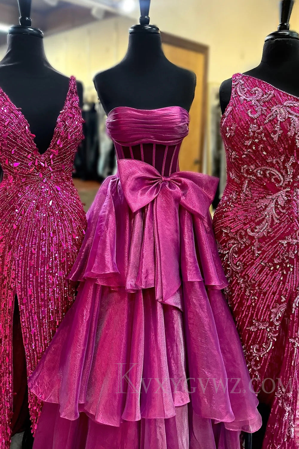 Sparkly Golden Corset Ruffled Long Prom Dress with Bow LF234