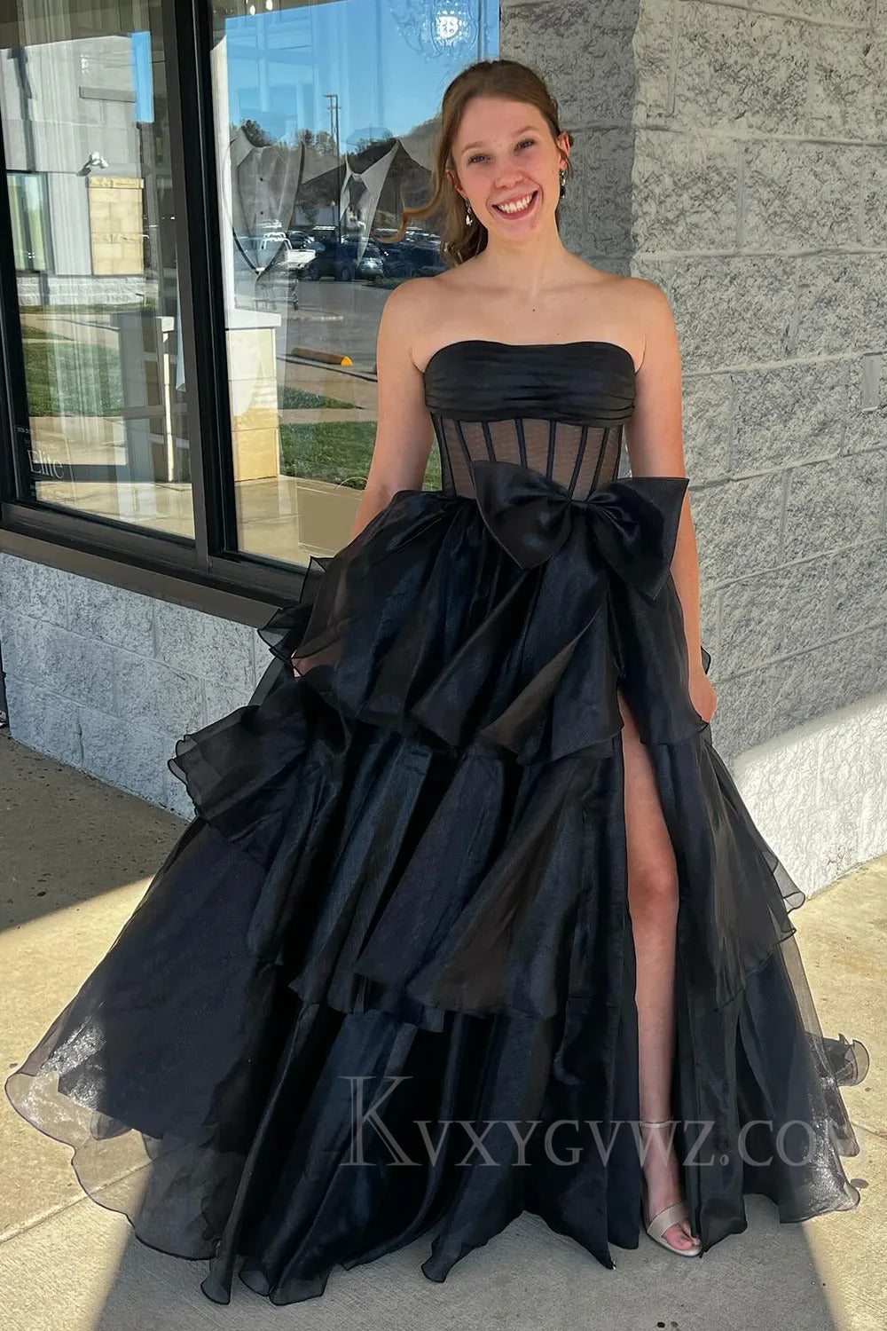 Sparkly Golden Corset Ruffled Long Prom Dress with Bow LF234