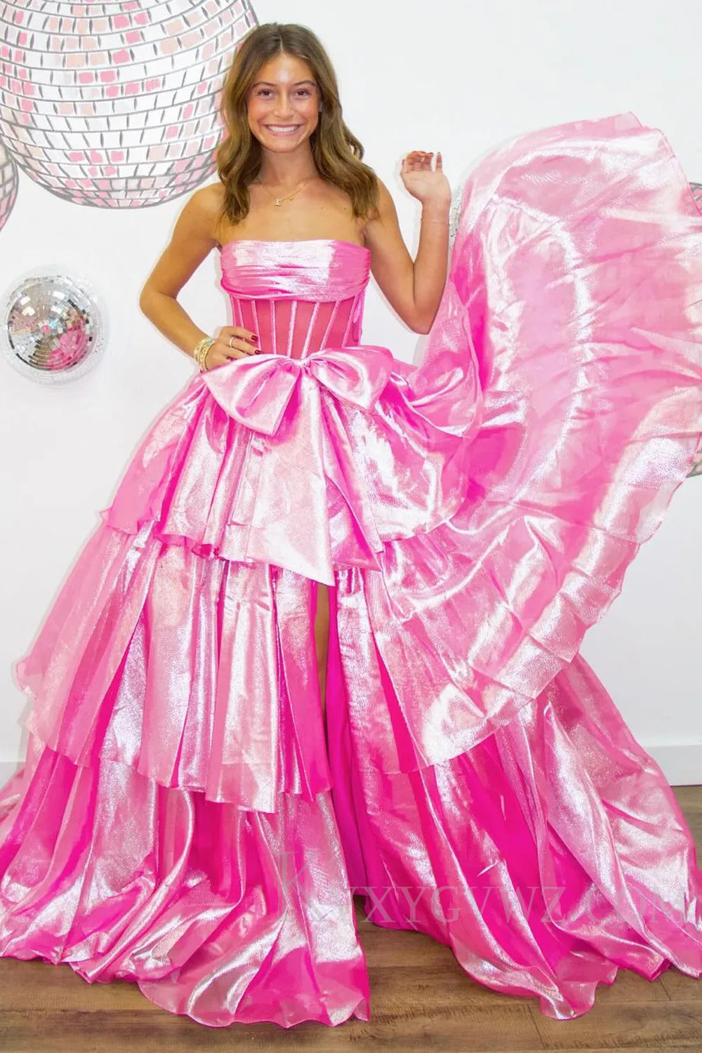 Sparkly Golden Corset Ruffled Long Prom Dress with Bow LF234