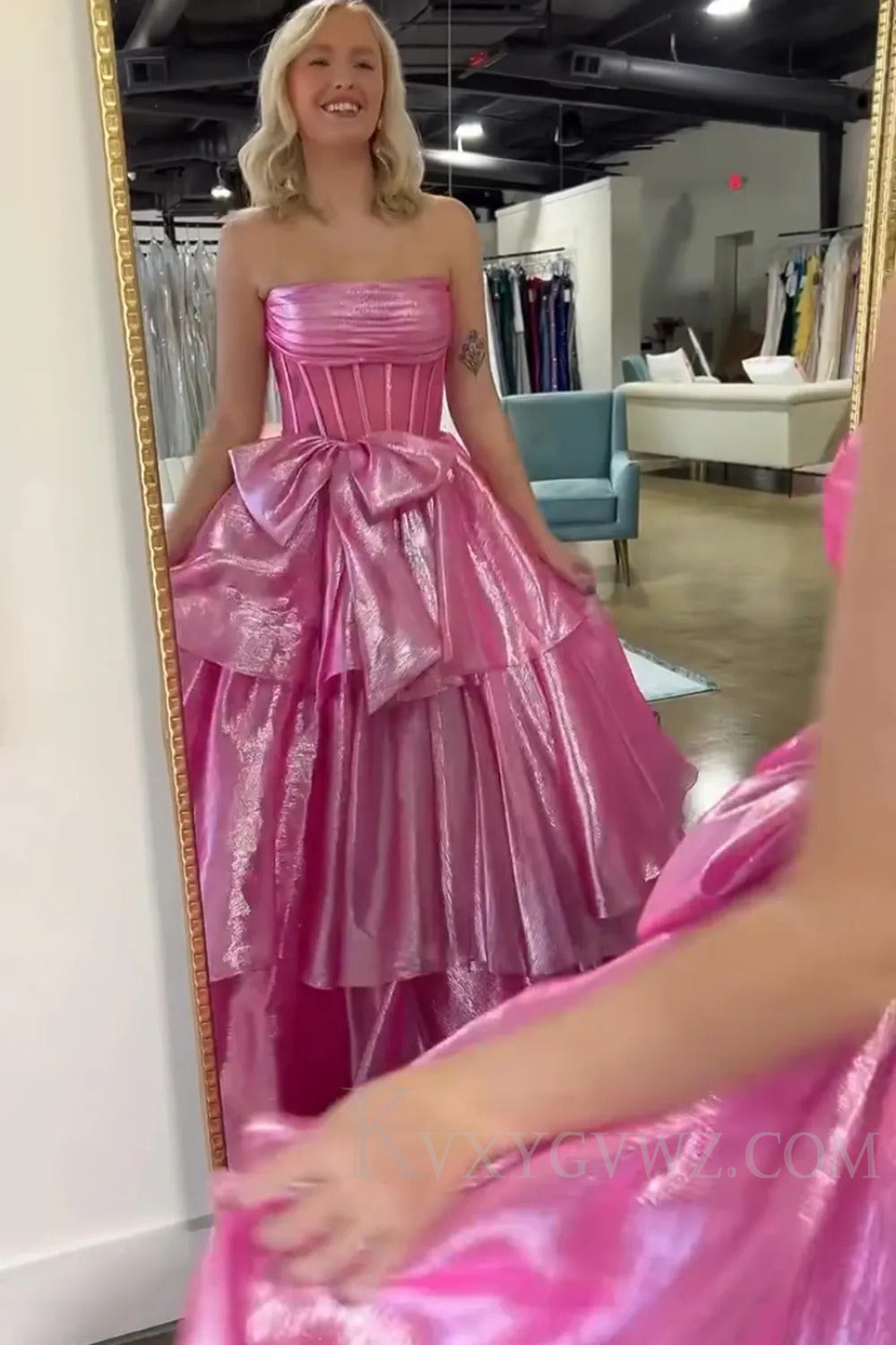 Sparkly Golden Corset Ruffled Long Prom Dress with Bow LF234