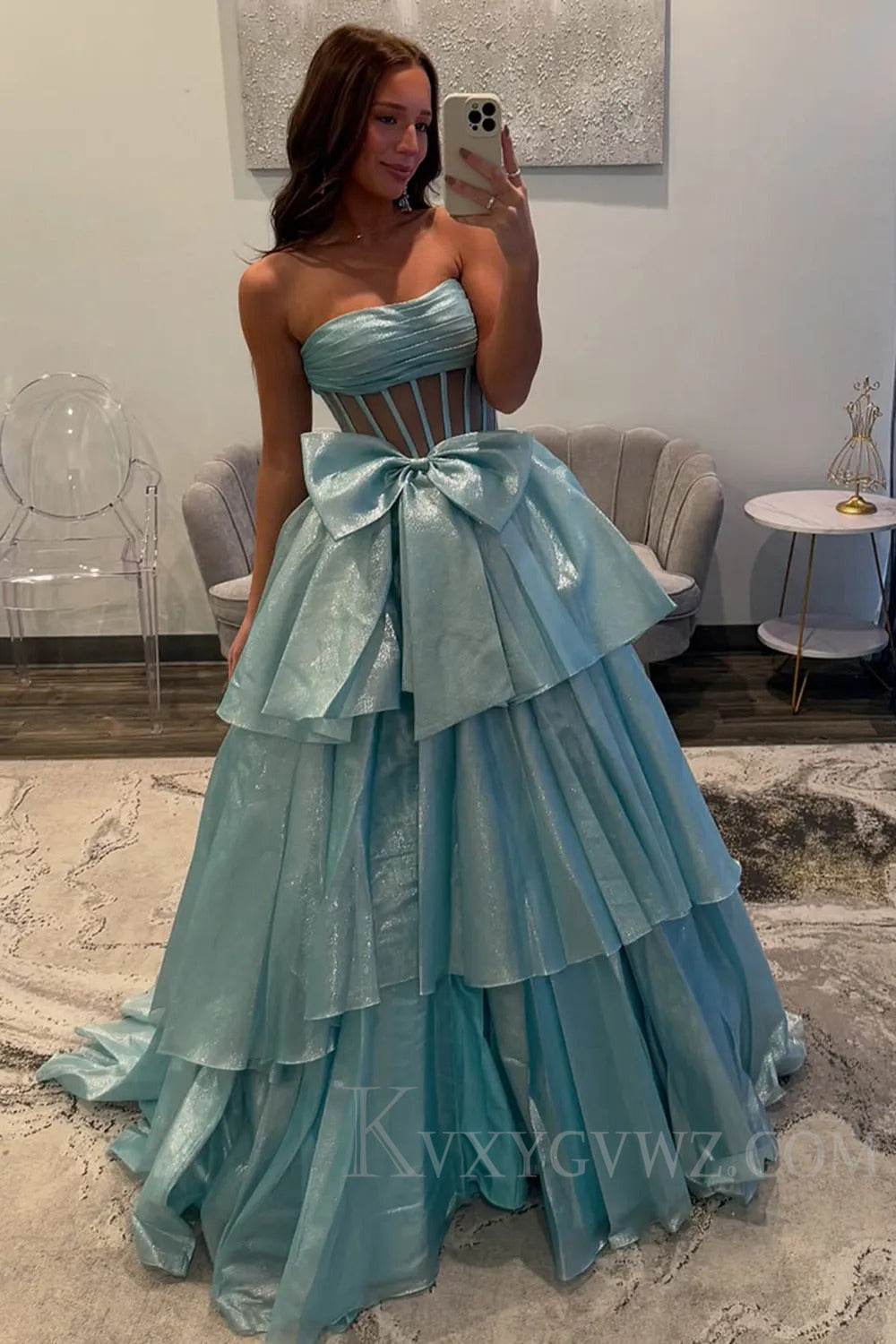 Sparkly Golden Corset Ruffled Long Prom Dress with Bow LF234