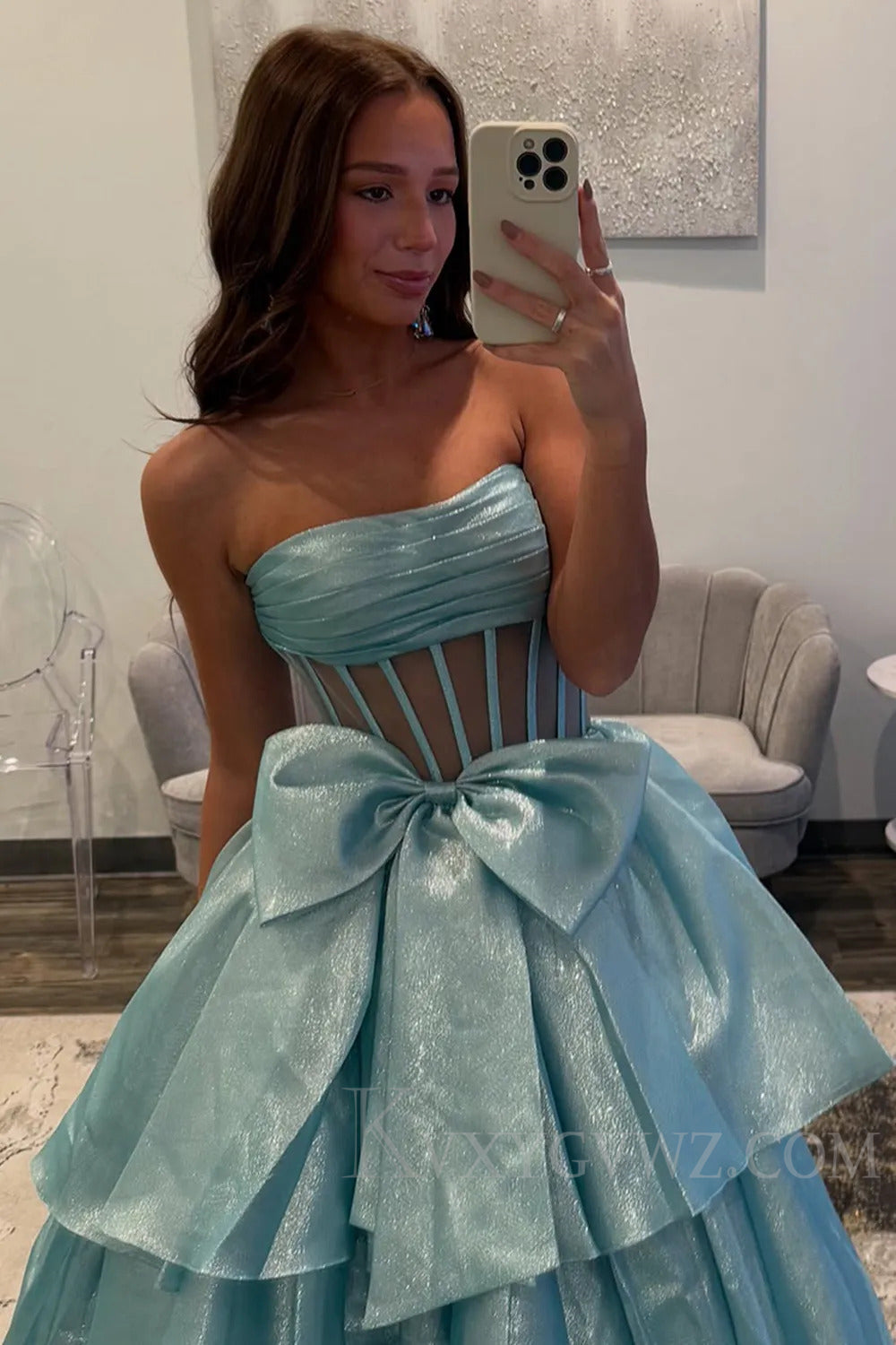 Sparkly Golden Corset Ruffled Long Prom Dress with Bow LF234