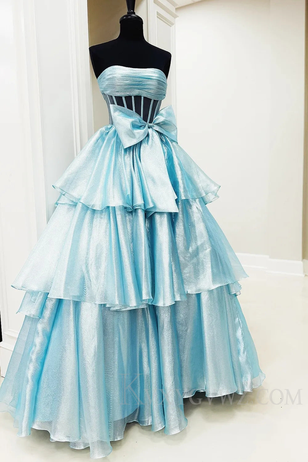 Sparkly Golden Corset Ruffled Long Prom Dress with Bow LF234