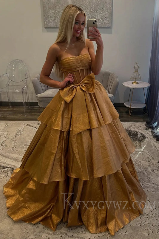 Sparkly Golden Corset Ruffled Long Prom Dress with Bow LF234