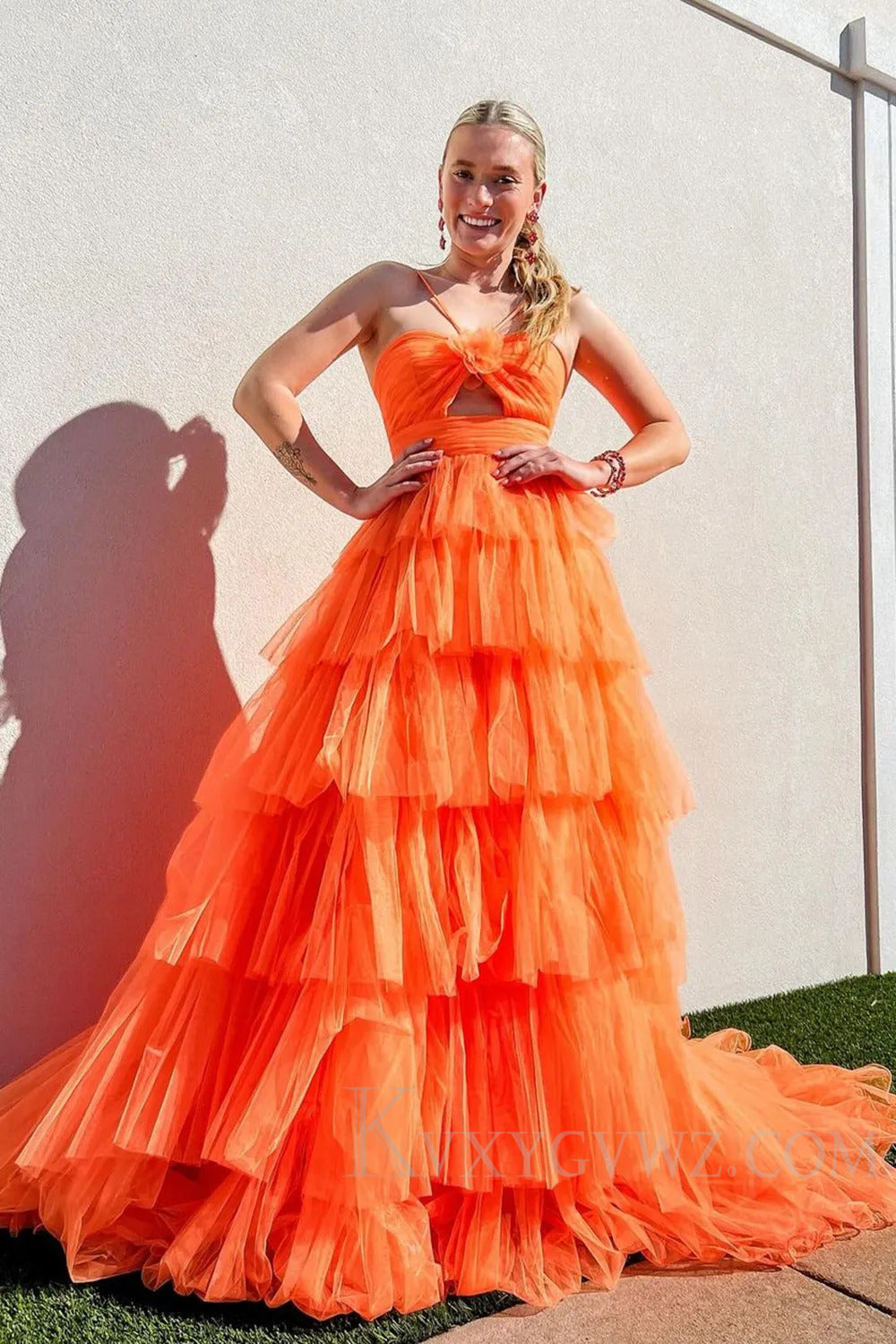 Halter A Line Yellow Ruffled Tulle Long Prom Dress with Keyhole LF235
