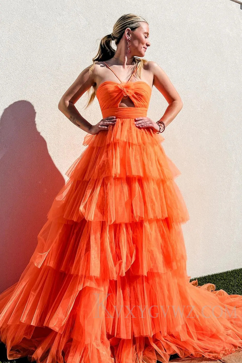 Halter A Line Yellow Ruffled Tulle Long Prom Dress with Keyhole LF235