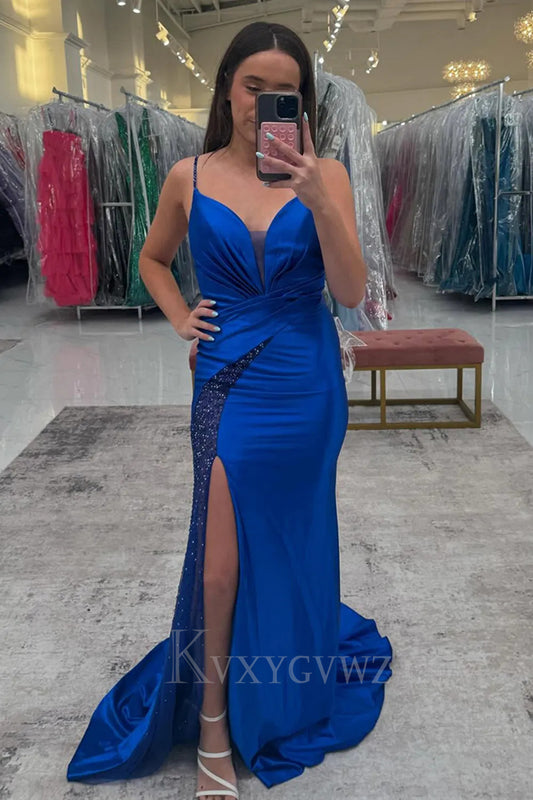 Mermaid Sparkly Royal Blue Satin Prom Dress with Slit LF237