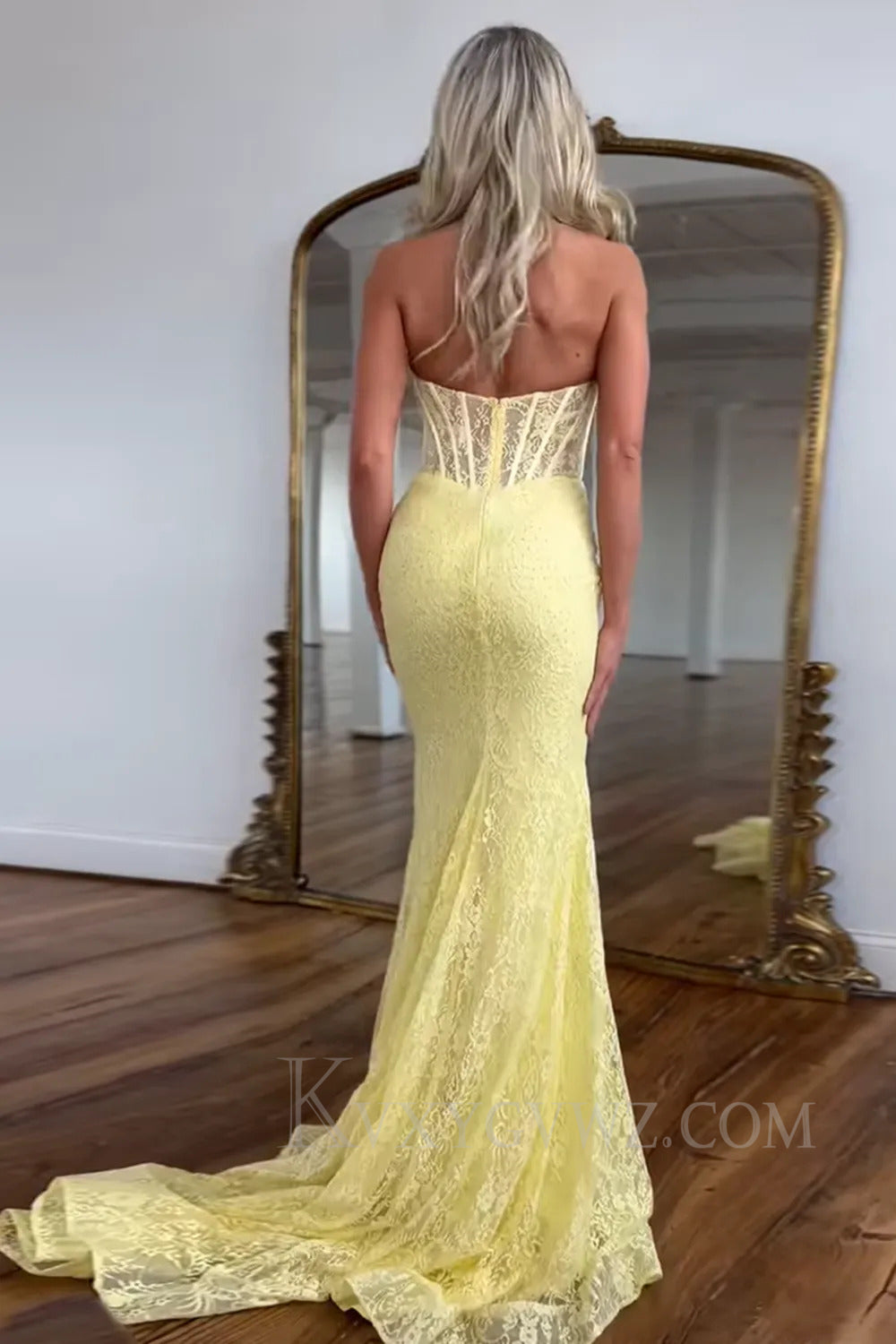 Yellow Lace Mermaid Halter Corset Long Prom Dress LF238