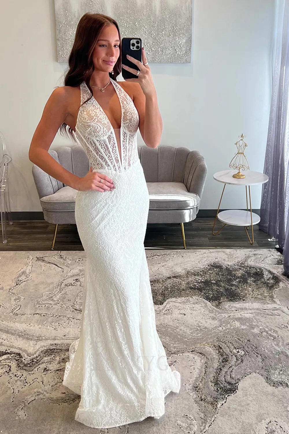 Yellow Lace Mermaid Halter Corset Long Prom Dress LF238