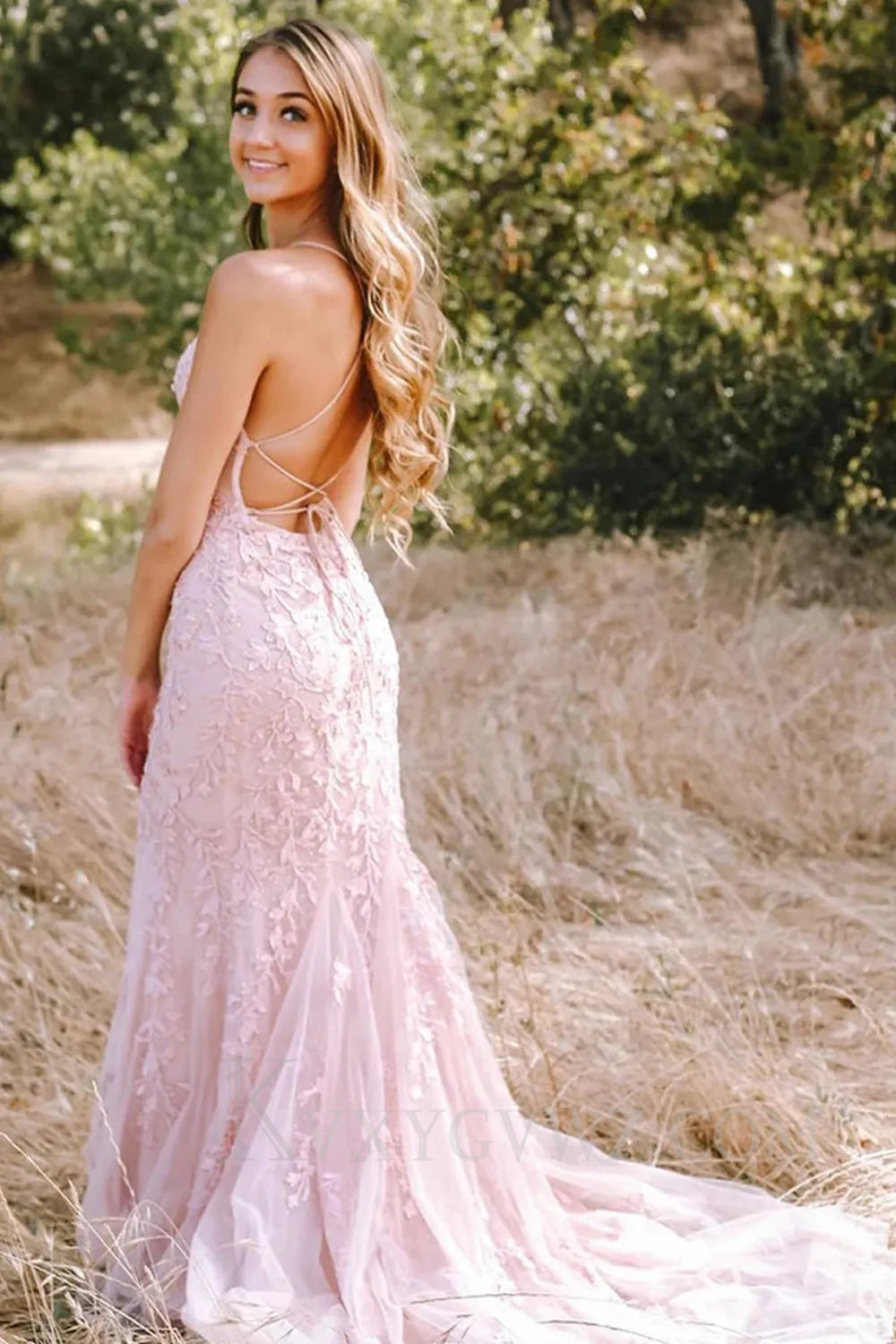 Blue Lace Mermaid Backless Lace up Sweep Train Prom Formal Dress LF024