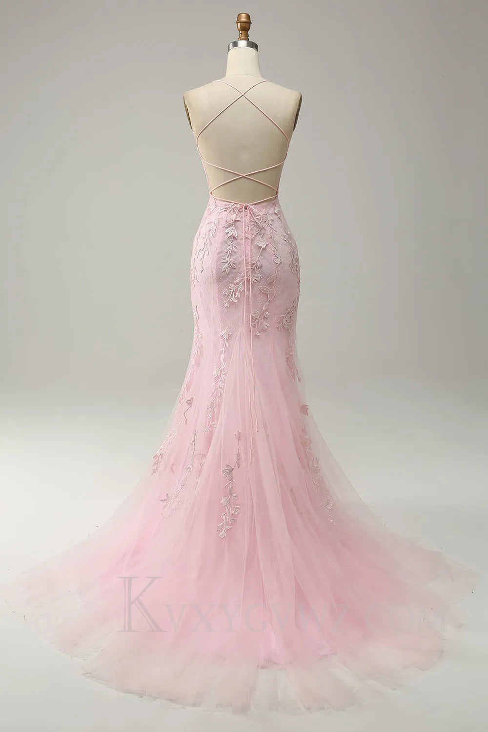 Blue Lace Mermaid Backless Lace up Sweep Train Prom Formal Dress LF024