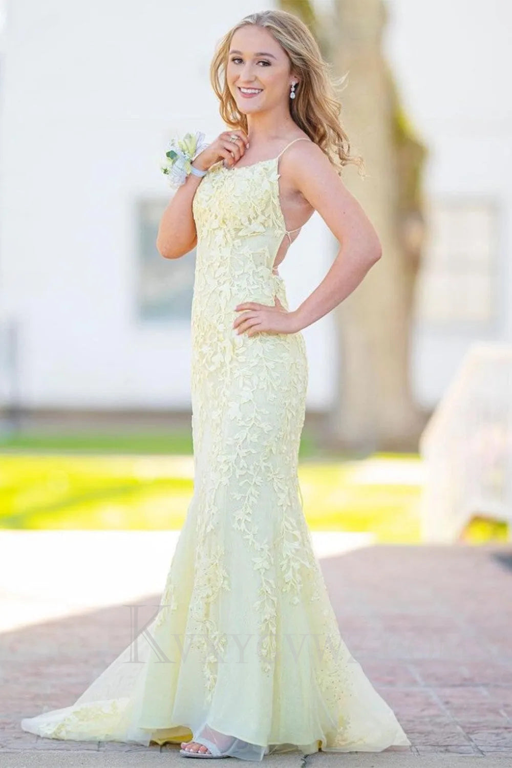Blue Lace Mermaid Backless Lace up Sweep Train Prom Formal Dress LF024