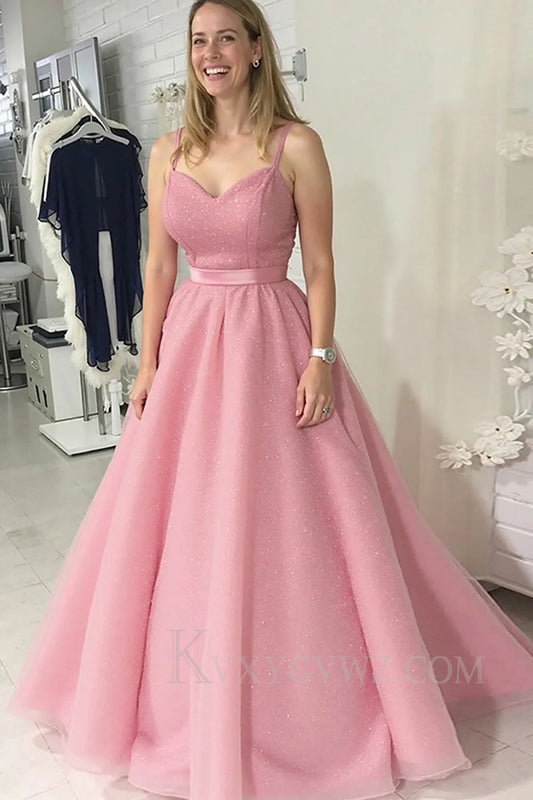 Grey Pink Ball Gown Spaghetti Straps Prom Dress LF240