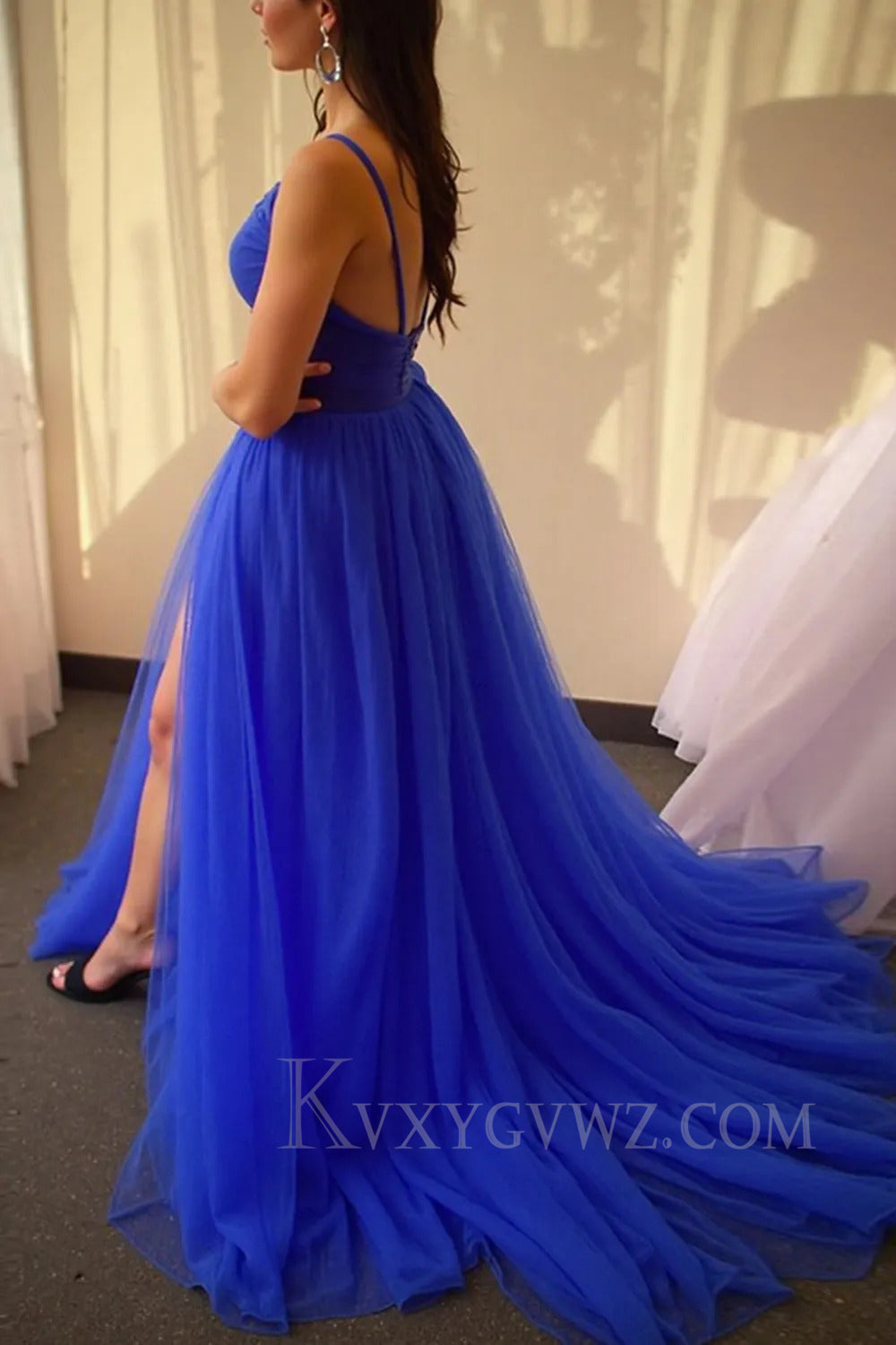 Royal Blue Spaghetti Straps Tulle Prom Dress with Slit LF241