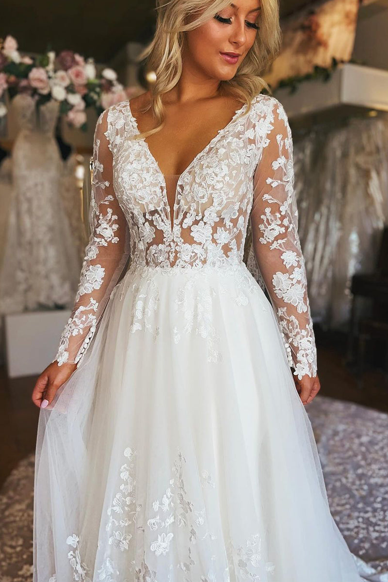 Charming A-Line V Neck Long Sleeve Tulle Lace Wedding Dresses/Gowns HS23112506