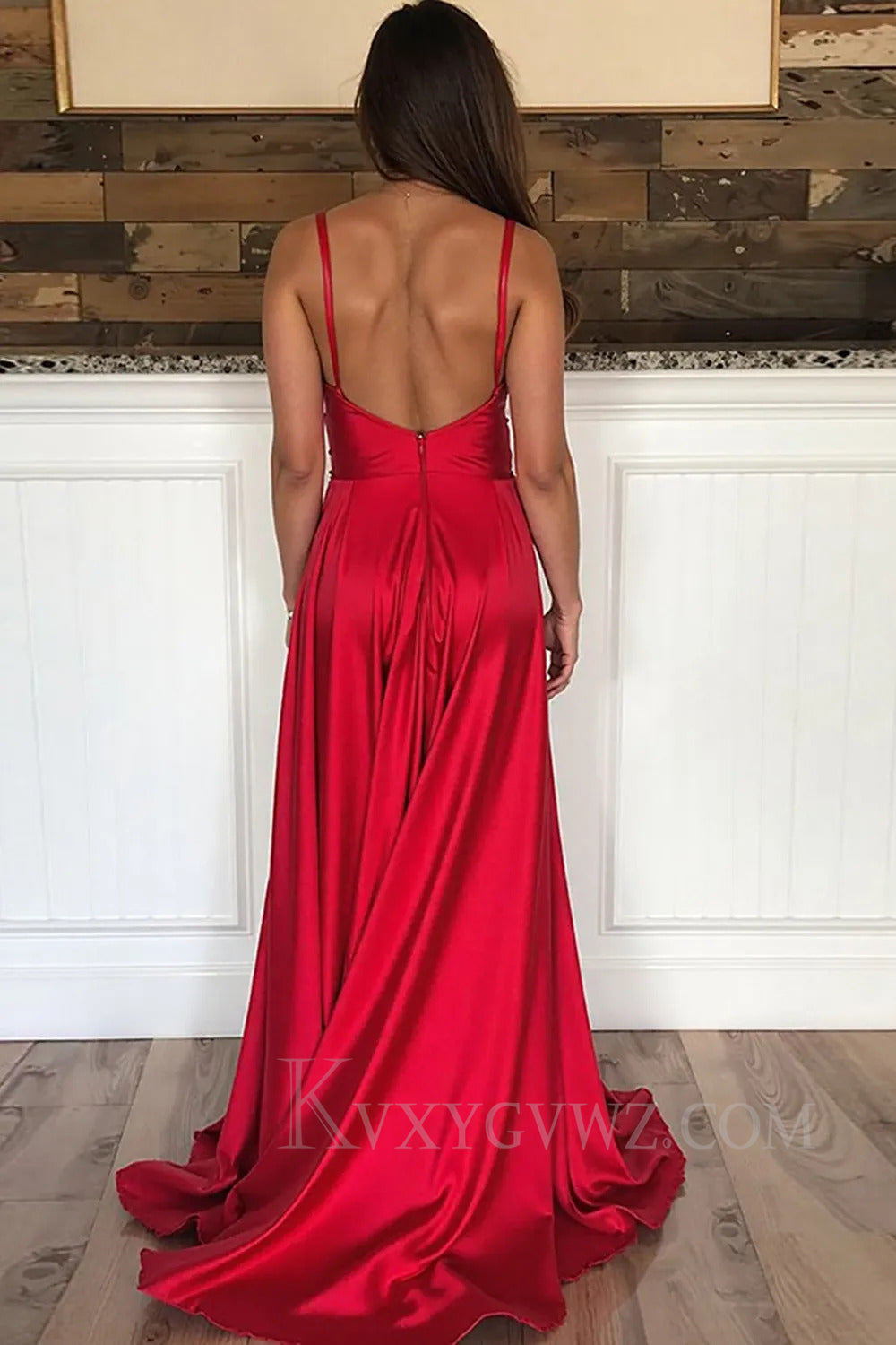 Elegant Red Spaghetti Straps Satin Long Prom Dress with Slit LF243