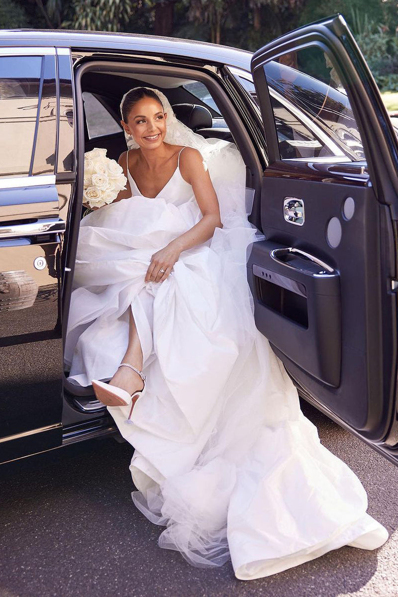 A-Line White Satin Spaghetti Straps Backless Wedding Dresses Gown HS737