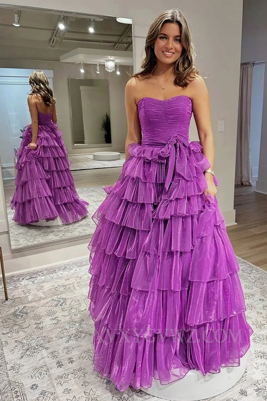 Ruffled Dark Purple A Line Strapless Ruched Prom Dress LF245