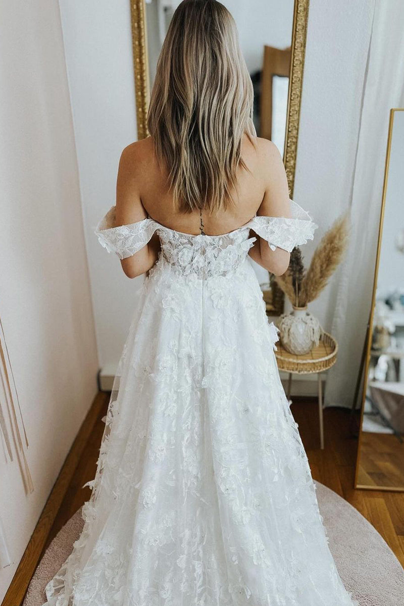 A-Line Sweetheart White Lace Wedding Dresses Gown with Straps HS732